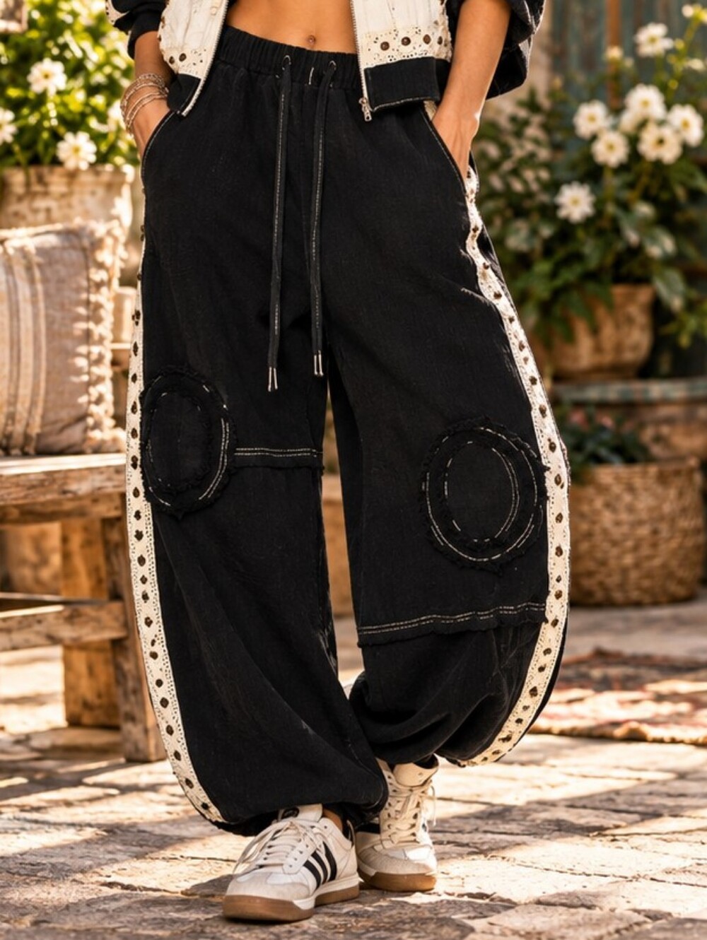 011 POL Black Boho Harem Jogger Pants Patch Detail Side Trim